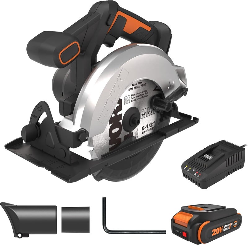 WORX 20V Cordless Electric Circular Saw 6-1/2'' Max. 2-3/16" Cutting Depth 4700 Rpm 0-50° Bevel Capacity 2.0 Ah Battery and Charger Included WX526L - Image 1